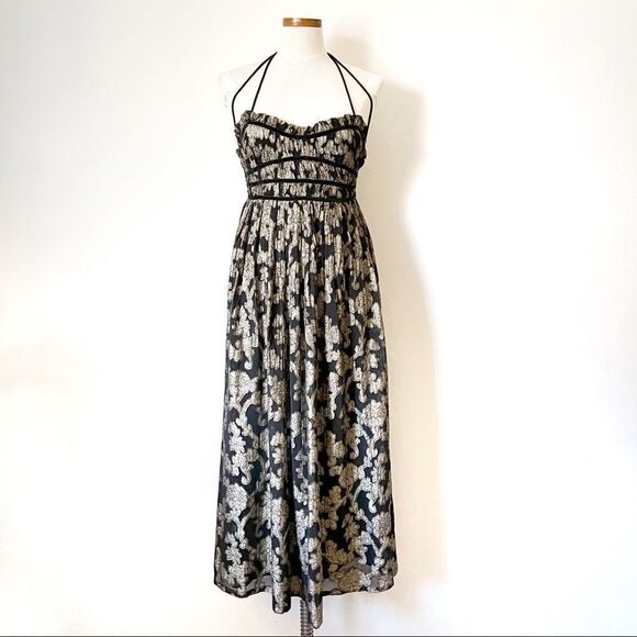 Free People Charlie Bustier Gold Metallic print Maxi dress tiered XS - Picture 2 of 8
